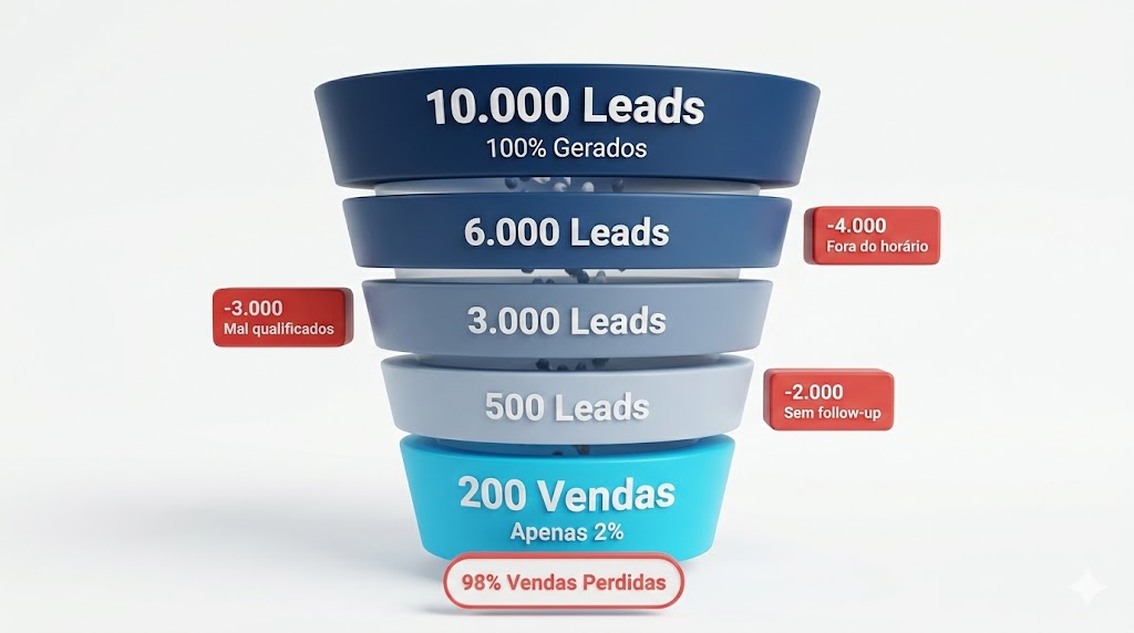 Funil de vendas: 10.000 leads, perdas por etapa, 200 vendas. 98% desperdiçados.